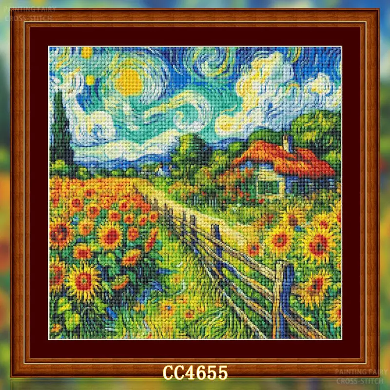 Cross Stitch Stamped Kits Beginners - [[CC4656-Série Van Gogh Fazenda de Girassóis]